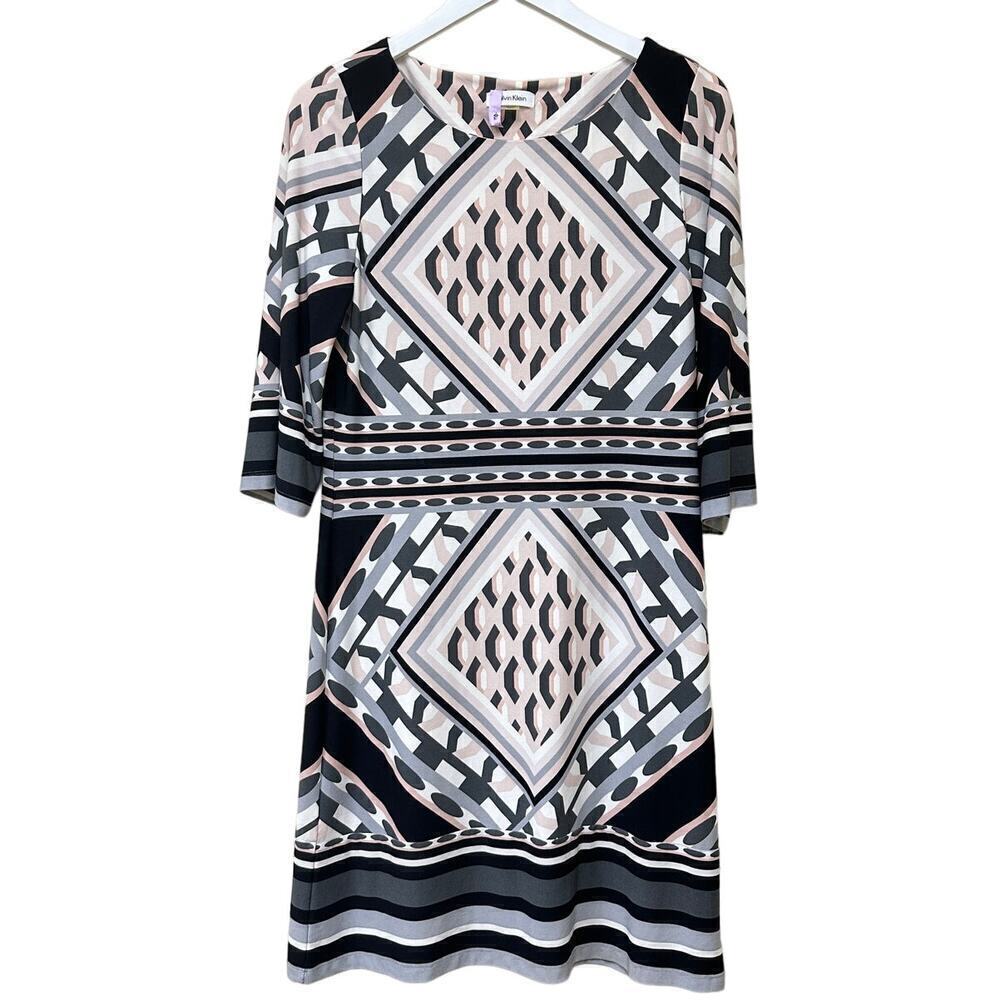 Calvin Klein Pink Black Geometric 3/4 Sleeves Knee Length Work Dress Size 8